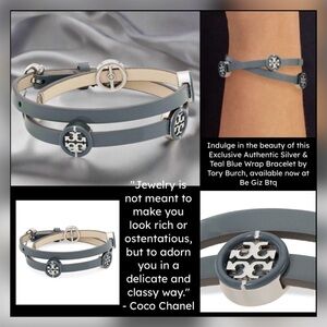 🆕Tory Burch Authentic Miller Silver & Leather Blue Enamel Double Wrap Bracelet